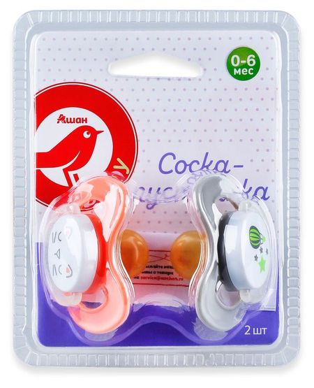 Соска-пустышка АШАН Красная птица Baby 0-6 мес., 2 шт