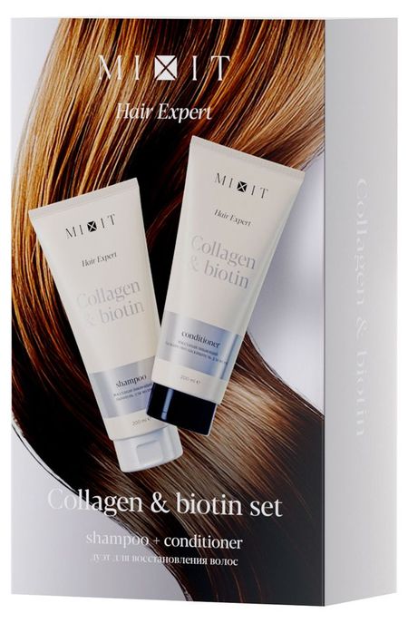 Набор подарочный Mixit Hair Expert Collagen & Biotin Set, Шампунь для волос 200 мл + Бальзам-ополаскиватель для волос 200 мл