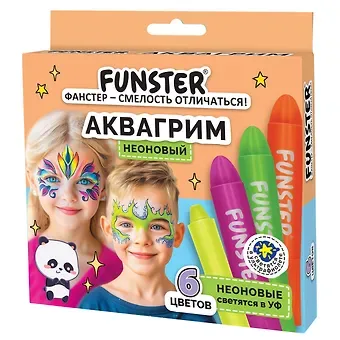 Аквагрим для лица и тела, 6 НЕОНОВЫХ цветов, FUNSTER (ФАНСТЕР), легко смываются, 192573