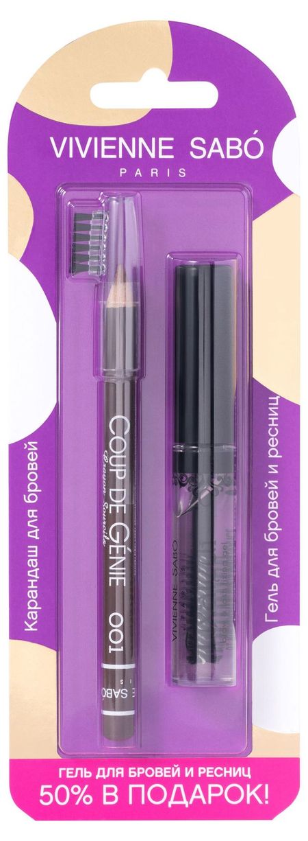 Карандаш для бровей Vivienne Sabo Coup de Genie тон 001 и Прозрачный Гель для бровей и ресниц фиксирующий Fixateur