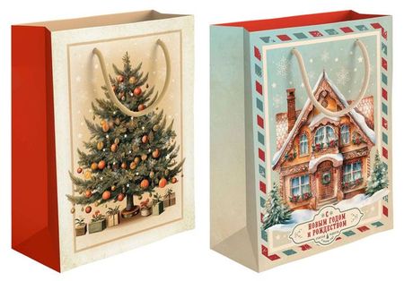 Пакет подарочный глянцевый Винтаж Новый год, 33х43 см 1 шт в ассортименте