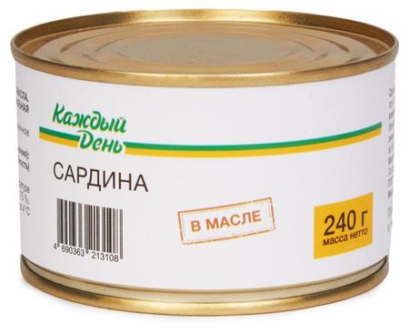 Сардина Каждый день натуральная с добавлением масла, 240 г