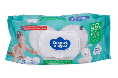 Салфетки Солнце и луна Eco влажн хлопковые нежное алоэ/Д-пантенол big-pack с крышк (с 0 лет), 63 шт