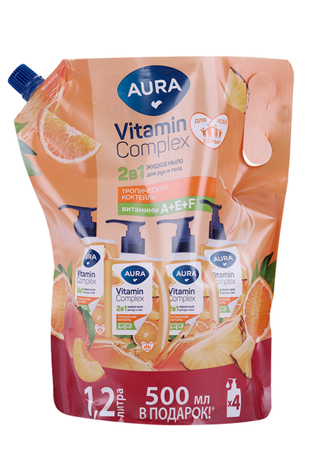 Мыло жид AURA Vitamin Complex 2в1 Тропич коктейль д/рук/тела, 1,2 л, дой-пак