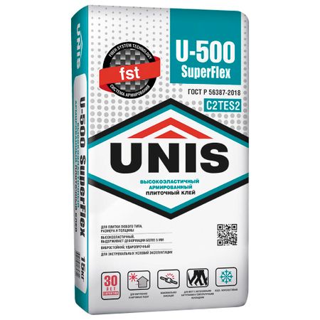 Клей для плитки/ керамогранита/ камня Unis SuperFlex U-500 высокоэластичный армированный серый класс C2 TE S2 20 кг