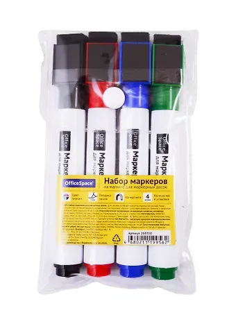 Маркеры для досок с магнитом и губкой OfficeSpace, 4 цвета 3 мм