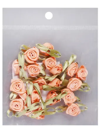 Пришивные розочки с листиками коралловые (15) (1,5см) (20шт) (пакет)