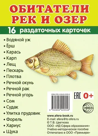 Обитатели рек и озер.16 раздаточных карточек