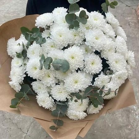 Букет живых цветов FLOWERTVER Хризантемы с эвкалиптом в крафте