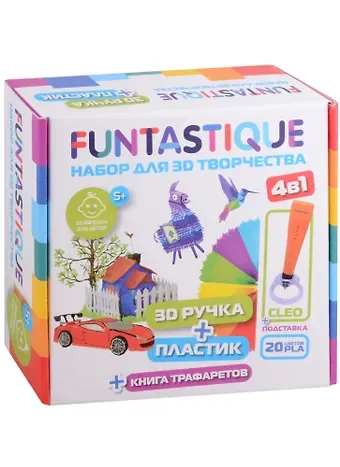 Набор для 3Д творчества 4в1 FUNTASTIQUE 3D-ручка CLEO (Синий) с подставкой+PLA-пластик 20 цветов+Книжка с трафаретами