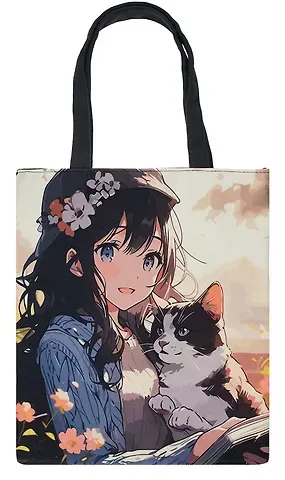 Сумка-шоппер на молнии Аниме Девушка с котенком (38х35) (текстиль, флис) Bookvalno
