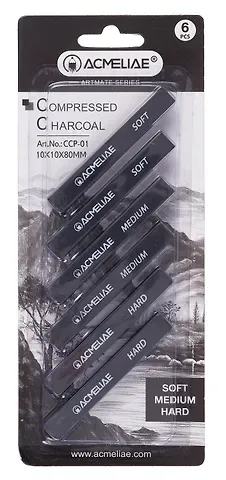 Уголь прессованный 06шт 80мм, квадр.сечения, 02шт твердый, 02шт средний, 02шт мягкий, блистер, ACMELIAE