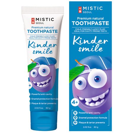 MISTIC Premium Natural Toothpaste KINDER SMILE LUCKY PLUM FOR CAVITY-PRONE TEETH (4+) Натуральная детская премиальная зубная паста KINDER SMILE «УДАЧЛИВАЯ СЛИВКА» для подверженных кариесу зубов (4+) 60г