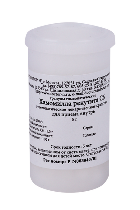 Гомеопатические монокомпонентные препараты растительного происхождения, 5 г, гранулы гомеопатические C6 Хамомилла Рекутита