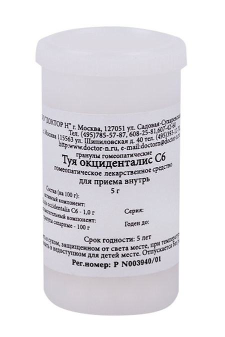 Гомеопатические монокомпонент препараты растительн происхожд, 5 г, гранулы гомеопатические C6 Туя окциденталис