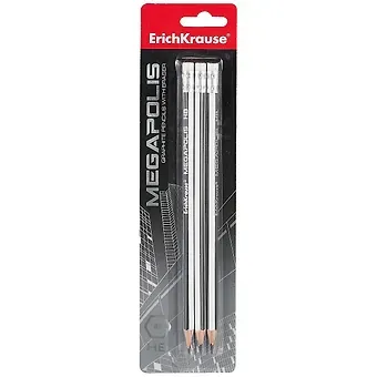 Карандаши Erich Krause, Megapolis, чернографитные HB с ластиком 3 штуки