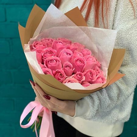 Букет живых цветов ЦВЕТЫ МИШКИ Букет из 25 розовых роз