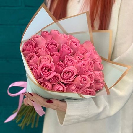 Букет живых цветов ЦВЕТЫ МИШКИ Букет из 35 розовых роз букет живых ов дари ы букет из розовых роз с рускусом