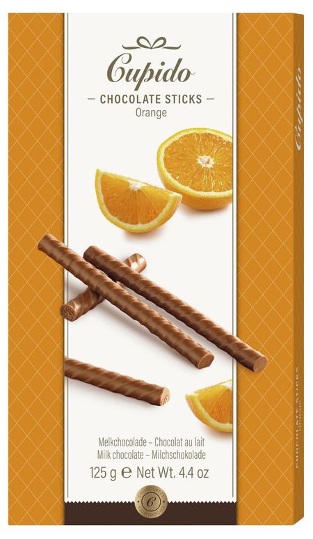 Палочки хрустящие из молочного шоколада Cupido со вкусом апельсина, 125 г