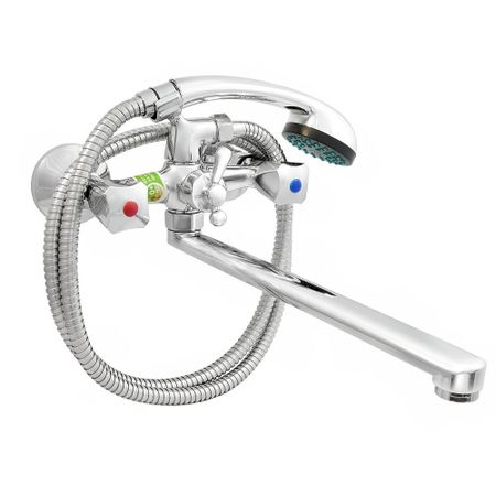 Смеситель для ванны Juguni хром двухвентильный с длинным изливом с лейкой (0402.642A)