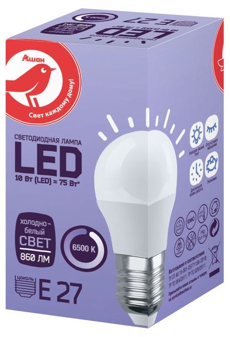 Лампа cветодиодная АШАН Красная птица Шар 10W Е27 холодно-белый, 1 шт