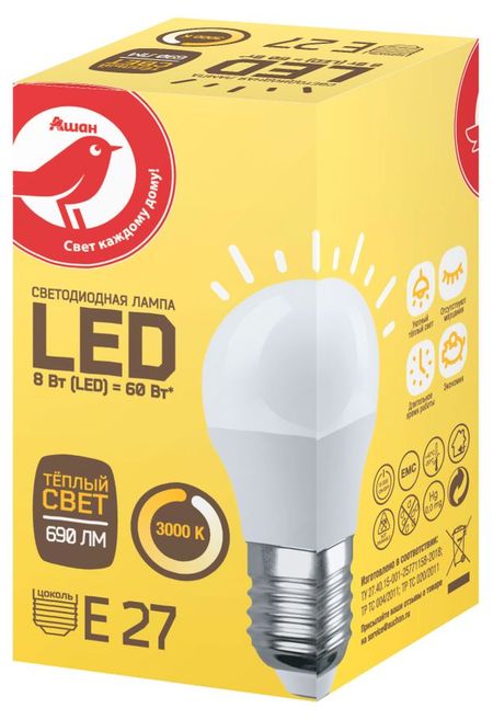 Лампа cветодиодная АШАН Красная птица Шар 8W Е27 теплый, 1 шт