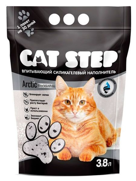 Наполнитель для кошачьего туалета Cat Step Arctic Black&White впитывающий силикагелевый, 3,8 л