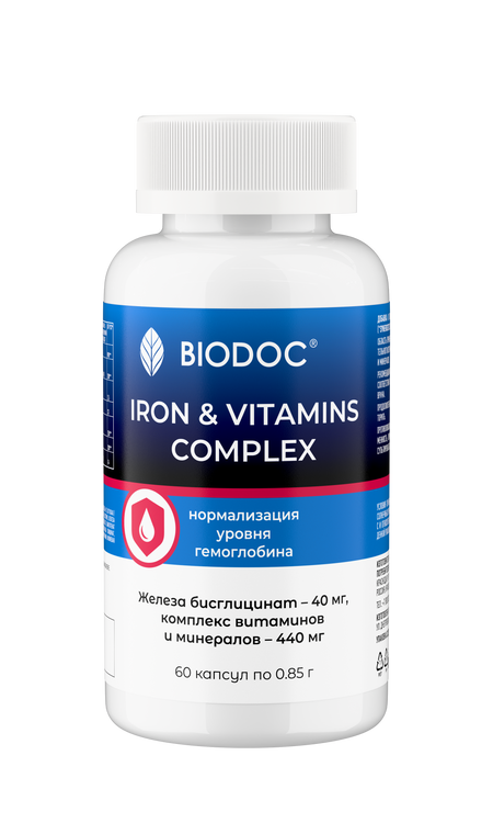 Биологически активная добавка к пище BIODOC Синергетический комплекс железа и витаминов, 60 капсул по 850 мл