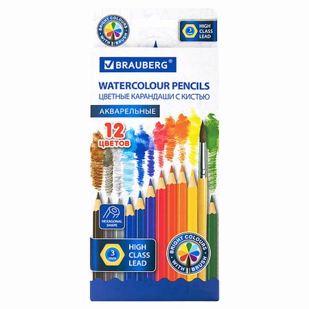 Набор карандашей BRAUBERG Карандаши цветные акварельные с КИСТЬЮ карандаши гамма ные акварельные 36 ов с кистью шестигранные