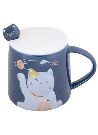 Кружка с крышкой и ложкой Котик Манэки-нэко (керамика) (350мл)