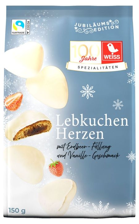 Пряники Lambertz Weiss Сердечки с клубничной начинкой в белом шоколаде, 150 г