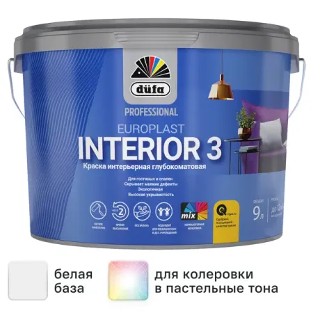Краска для стен и потолков Dufa Europlast Interior 3 моющаяся глубокоматовая цвет белый база A 9 л хомут нейлоновый для стяжки ермак 4 7х500 мм белый 50 шт