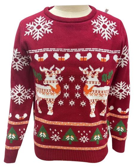 Пуловер для девочки новогодний красный с узором, р 110/116 - 158/164