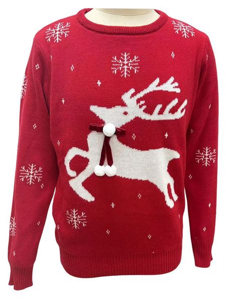 Пуловер для девочки новогодний красный с узором, р 110/116 - 158/164