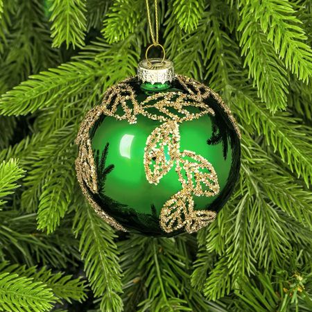 Шар Yancheng Shiny стеклянный зелёный с золотым узором D8 см