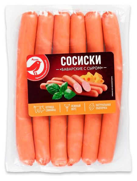 Сосиски АШАН Красная птица Баварские с сыром, 370 г