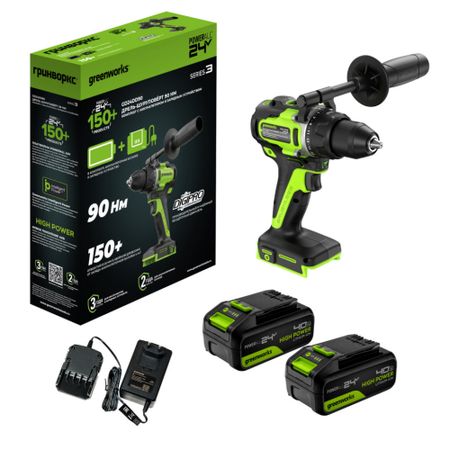 Дрель-шуруповерт аккумуляторная Greenworks GD24DD90, 24V, бесщеточная, 2x4Ач,ЗУ  (3707507CUD)