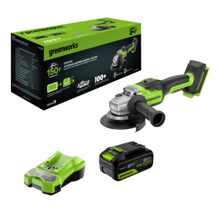 Угловая шлифовальная машина аккумуляторная Greenworks GD24AG, 24V, бесщеточная, 125 мм, 1x5Ач,ЗУ (3200207CUG)