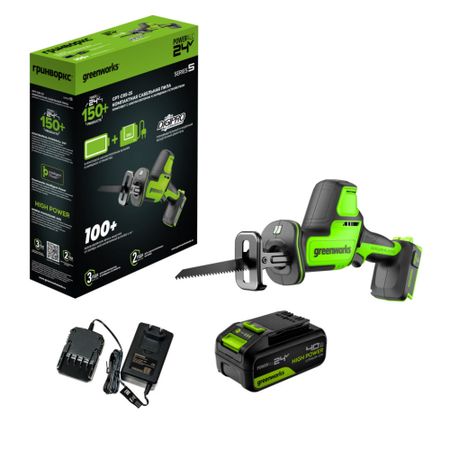 Пила сабельная аккумуляторная Greenworks GPT-CRS-25, 24V, бесщеточная, рез 80 мм дер., LED, 1х4Ач,ЗУ(1200507CUB)