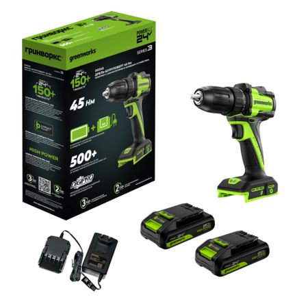 Дрель-шуруповерт аккумуляторная Greenworks DD345, 24V, бесщеточная, 13мм,2х2Ач,ЗУ (3708307CUC)