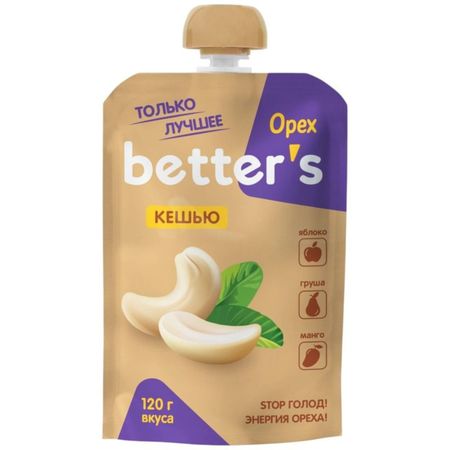 Пюре Betters фруктовое с кешью, яблоком, грушей и манго, 120 г