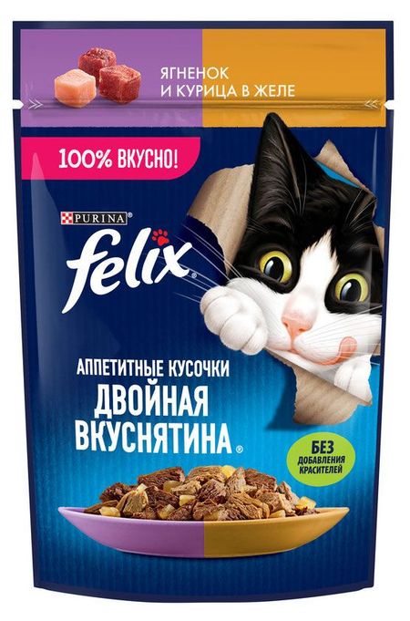 Корм влажный для кошек Felix аппетитные кусочки с ягненком и курицей в желе, 75 г