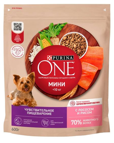 Сухой корм для собак Purina ONE с лососем и рисом, 600 г