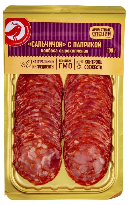 Колбаса сырокопченая АШАН Красная птица Сальчичон с паприкой полусухая в нарезке, 100 г