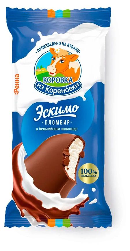 Мороженое сливочное Коровка из Кореновки Пломбир ванильный в молочном бельгийском шоколаде эскимо, 70 г