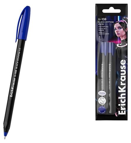 Набор ручек шариковых ErichKrause U-108 Stick Black Edition 1.0 Ultra Glide Technology синие, 3 шт