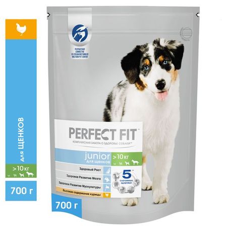 Сухой полнорационный корм PERFECT FIT для щенков средних и крупных пород с курицей, 700 г