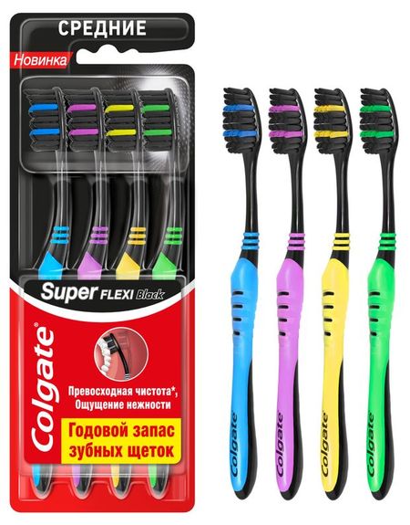 Зубная щетка Colgate Super Flexi Black средней жесткости Вьетнам, 4 шт