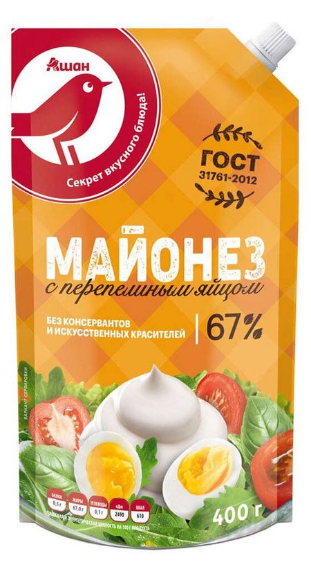Майонез АШАН Красная птица на перепелином яйце 67%, 400 мл