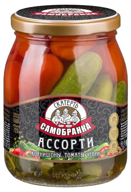 Ассорти овощное Скатерть-Самобранка из корнишонов и томатов черри, 720 мл